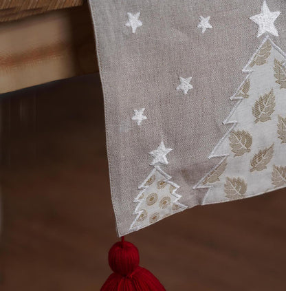 Christmas Table Runner | Linen with Brocade Appliqué, Embroidery & Tassel Corners