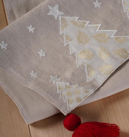 Christmas Table Runner | Linen with Brocade Appliqué, Embroidery & Tassel Corners
