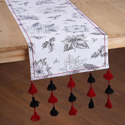 Christmas Table Runner | Black Poinsettia Print with Cascading Tassels | Cotton