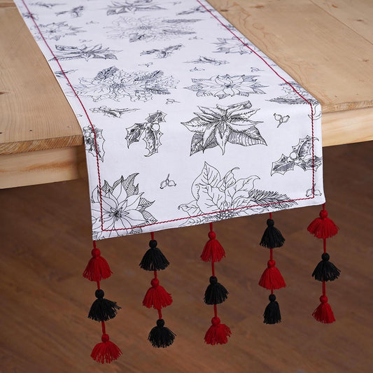 Christmas Table Runner | Black Poinsettia Print with Cascading Tassels | Cotton
