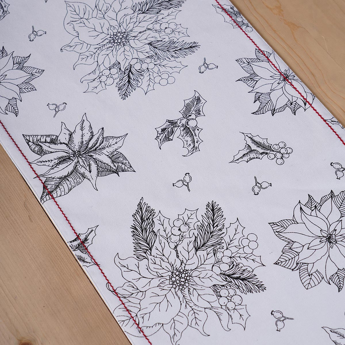 Poinsettia Print Christmas Table Runner with Cascading Tassels