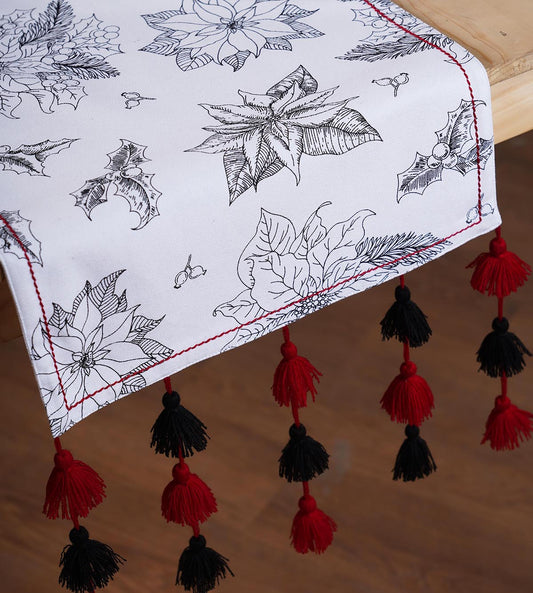 Christmas Table Runner | Black Poinsettia Print with Cascading Tassels | Cotton