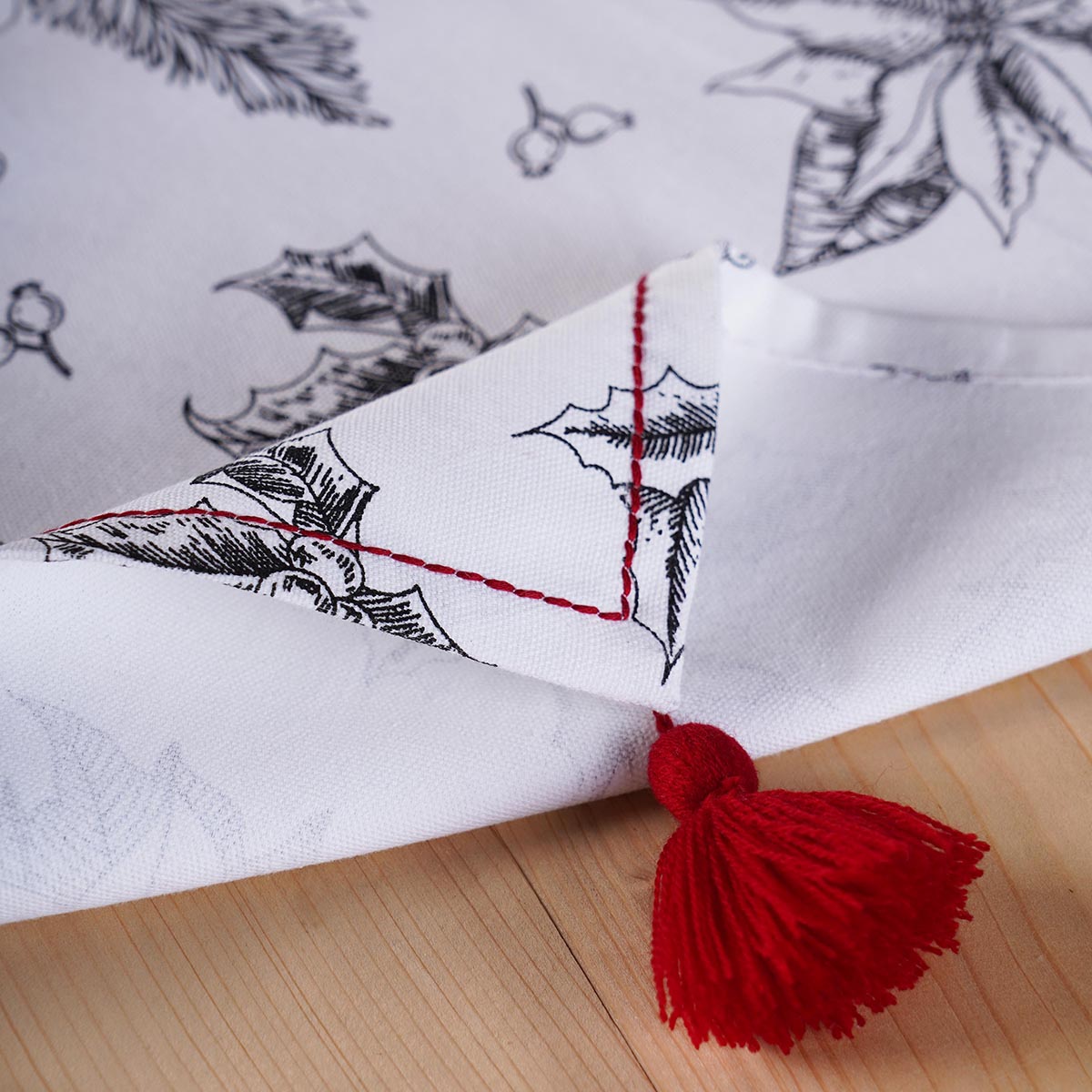 Christmas Table Runner | Black Poinsettia Print with Cascading Tassels | Cotton