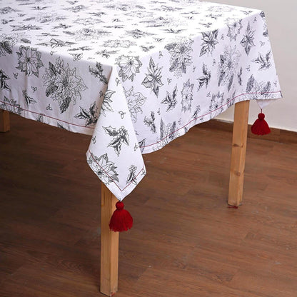 Black & White Poinsettia Print Cotton Tablecloth for Christmas