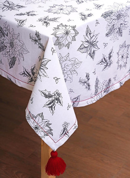 Elegant Black White Poinsettia Cotton Tablecloth for Christmas