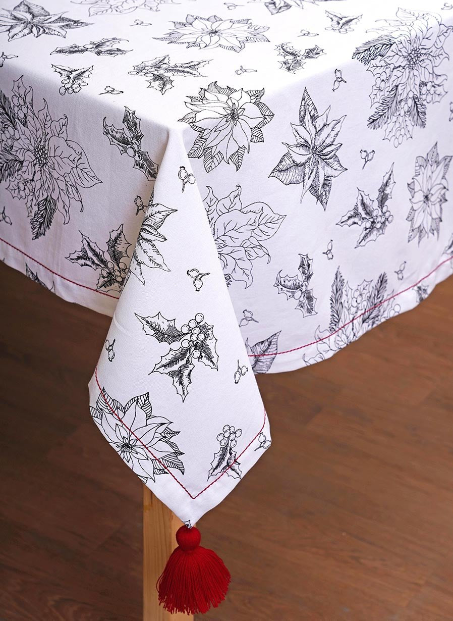 Black & White Poinsettia Print Cotton Tablecloth for Christmas