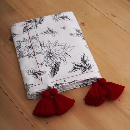 Black & White Poinsettia Print Cotton Tablecloth for Christmas