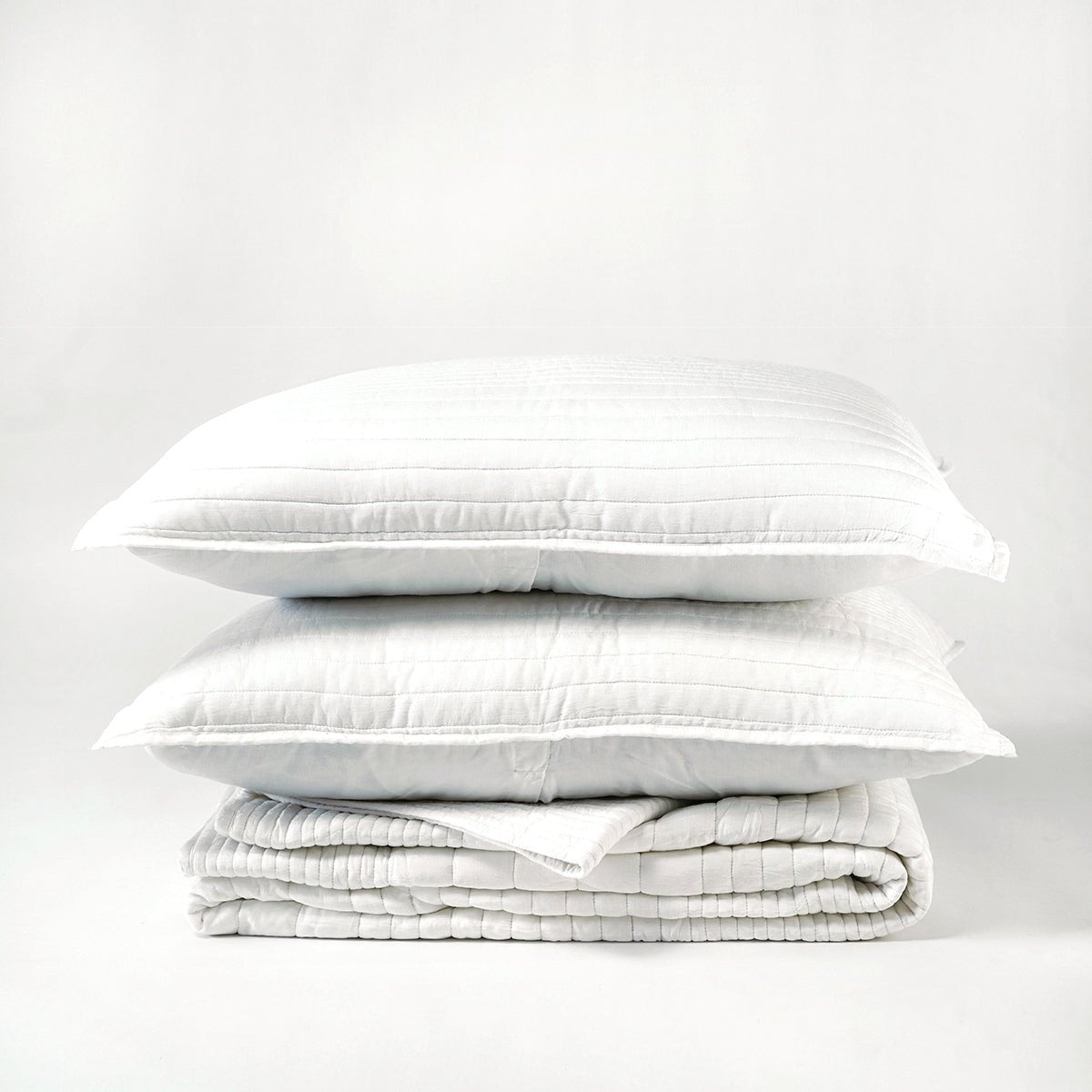 Shwet White 300TC Cotton Satin Quilt Bed Set | Stripe Quilting | Luxury Handmade