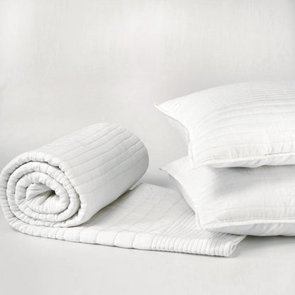 Shwet White 300TC Cotton Satin Quilt Bed Set | Stripe Quilting | Luxury Handmade