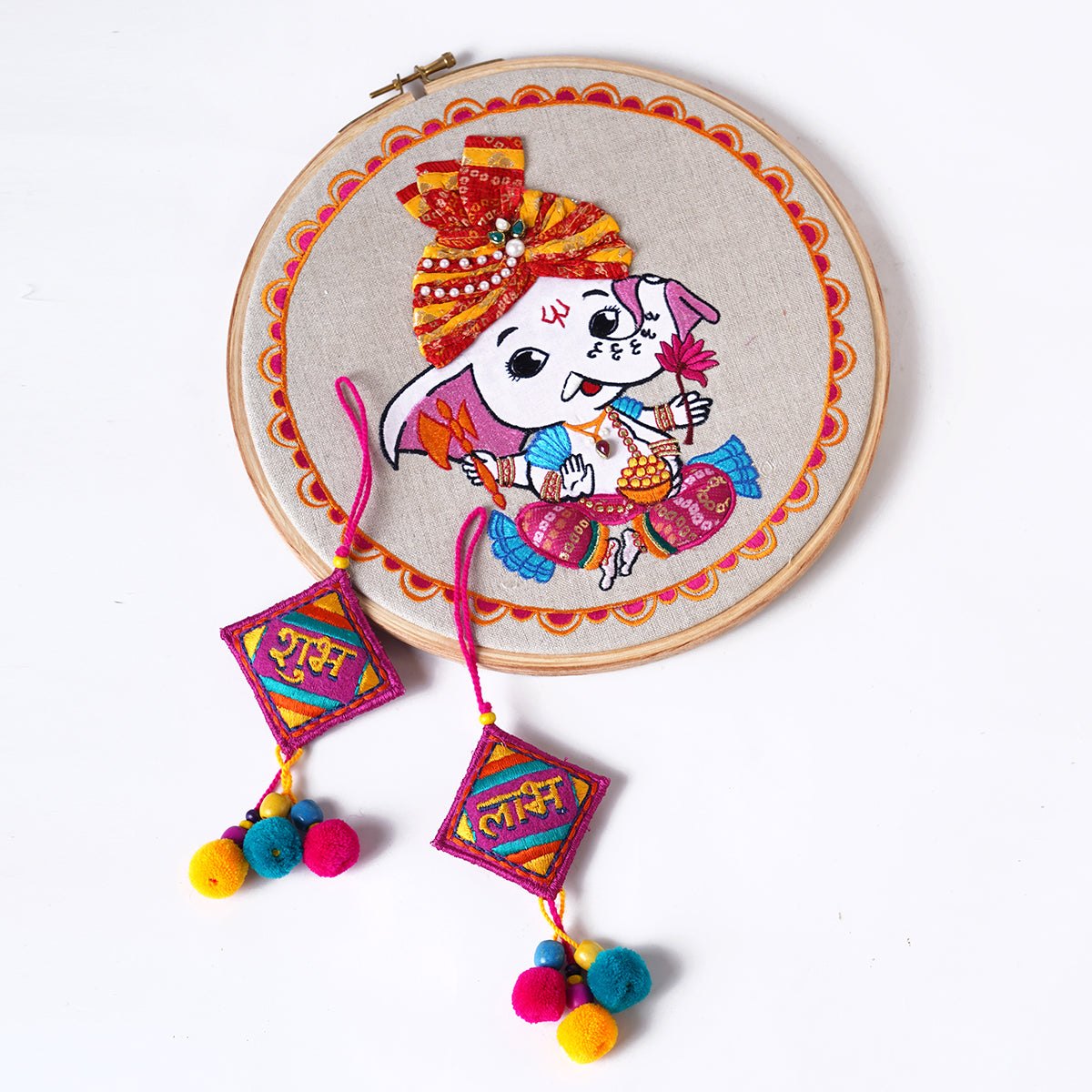 Diwali Gift Pack – Ganesha Hoop Wall Art with Shubh Labh Tassels