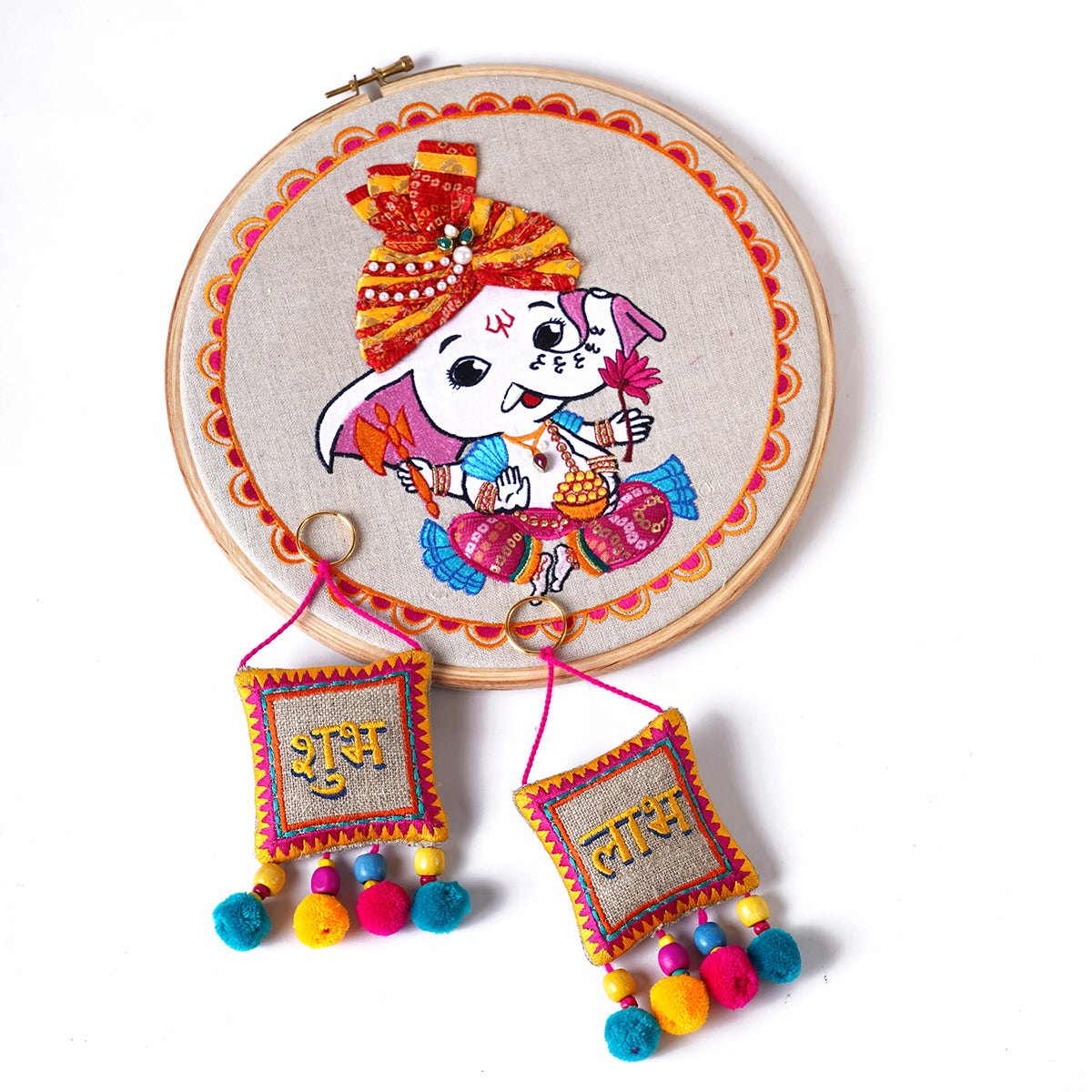 Diwali Gift Pack – Ganesha Hoop Wall Art with Shubh Labh Tassels