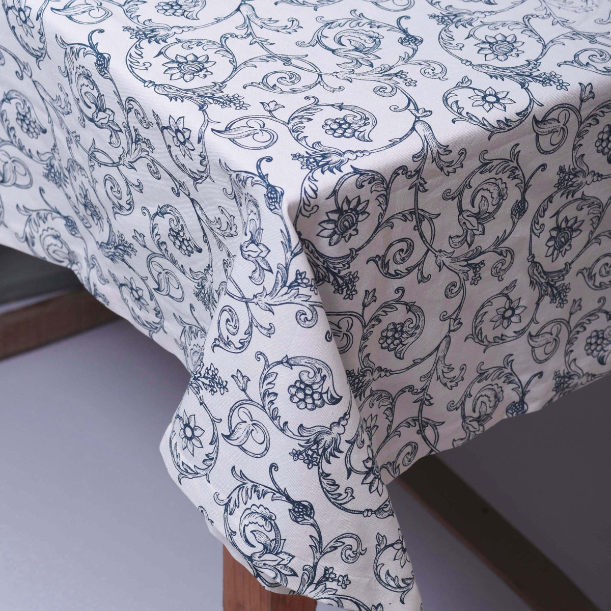 Blue & White Victorian Swirl Print Cotton Tablecloth | 1-Inch Hem | 3 Sizes