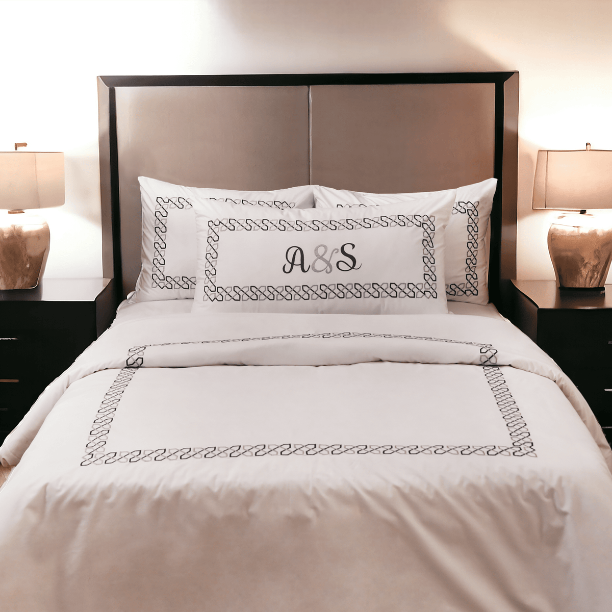 Embroidered Duvet Cover Set | 300TC Pure White Cotton | 12 Border Designs | Single, Queen & King