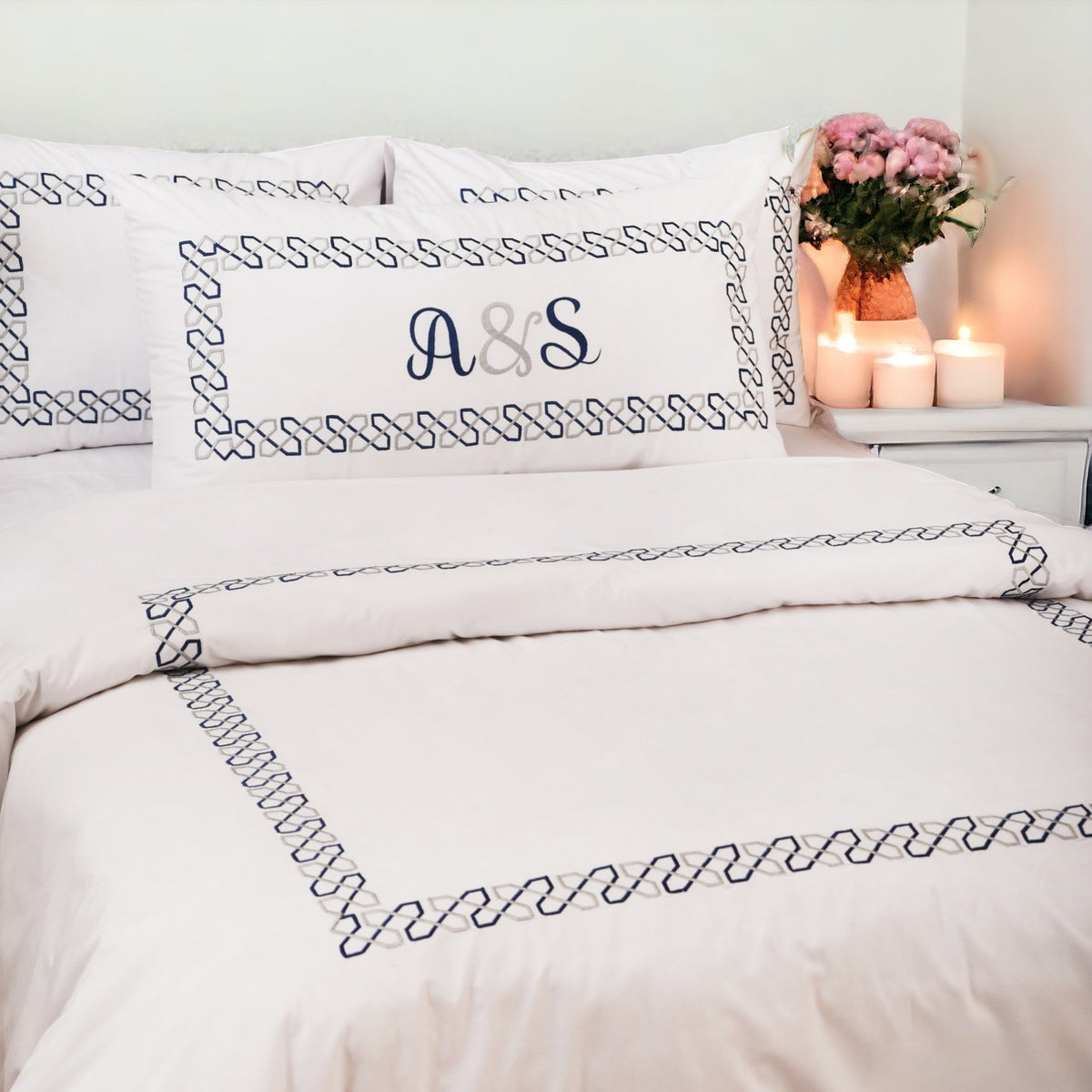 Embroidered Duvet Cover Set | 300TC Pure White Cotton | 12 Border Designs | Single, Queen & King