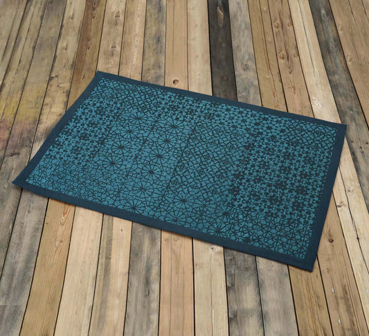 Teal Geometric Trellis Cotton Rug | Distressed Print | Handmade in India