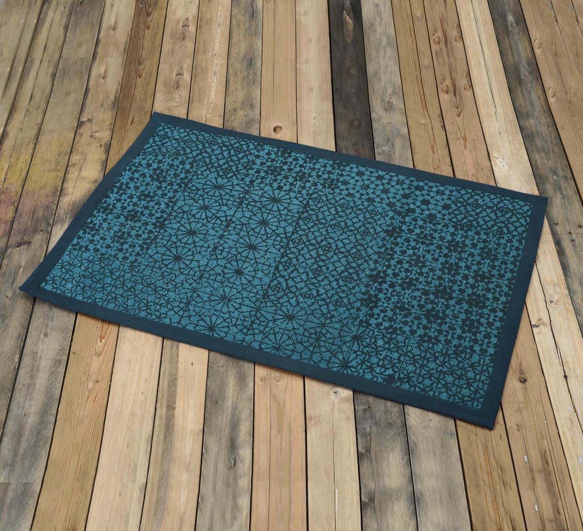 Teal Geometric Trellis Cotton Rug | Distressed Print | Handmade in India