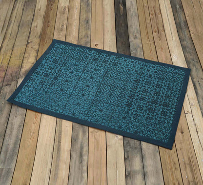 Teal Geometric Trellis Cotton Rug | Distressed Print | Handmade in India