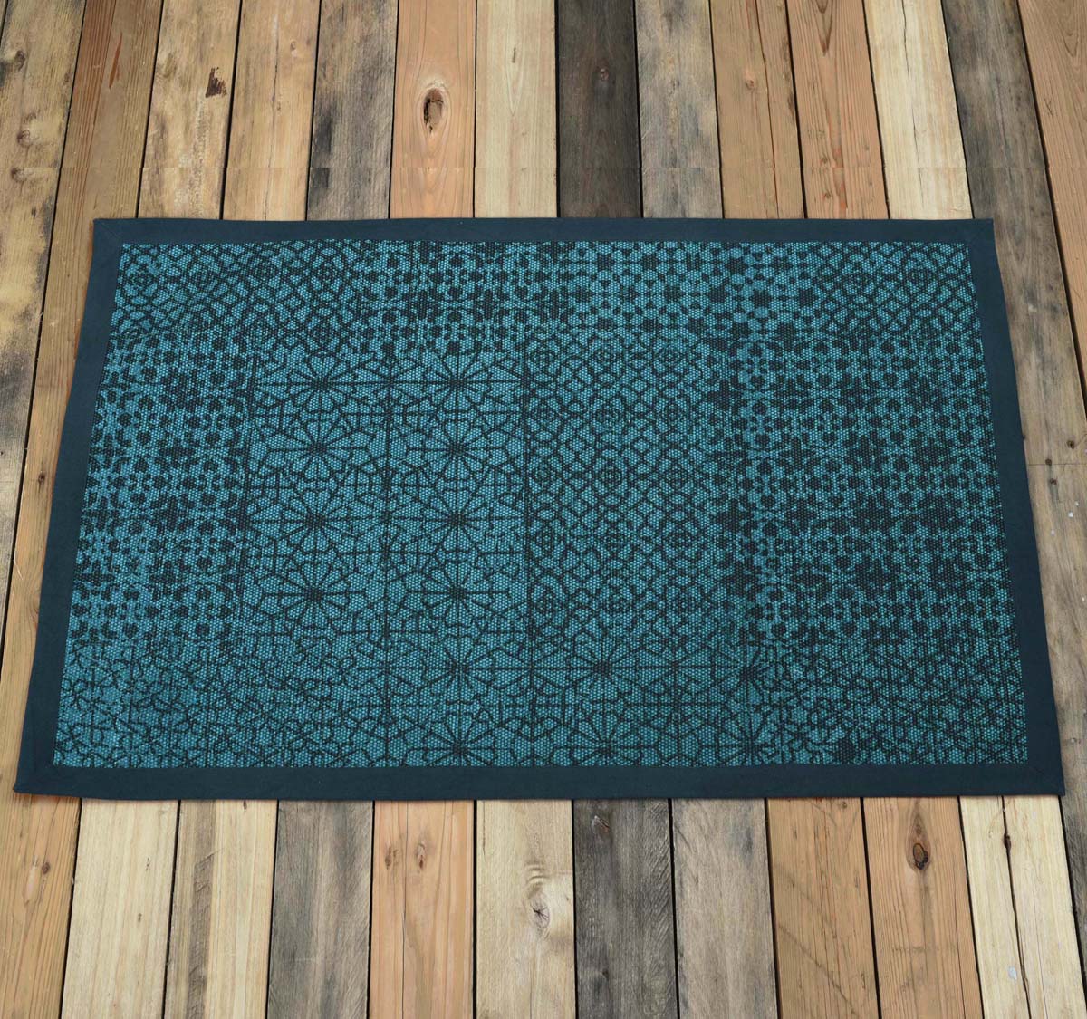 Teal Geometric Trellis Cotton Rug | Distressed Print | Handmade in India