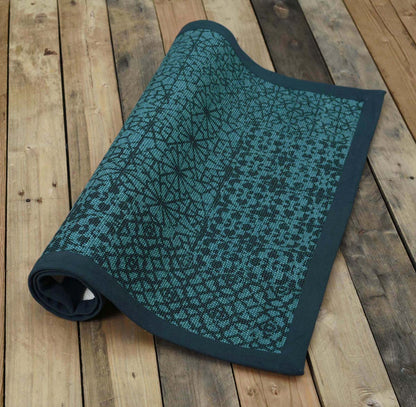 Teal Geometric Trellis Cotton Rug | Distressed Print | Handmade in India
