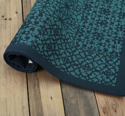 Teal Geometric Trellis Cotton Rug | Distressed Print | Handmade in India