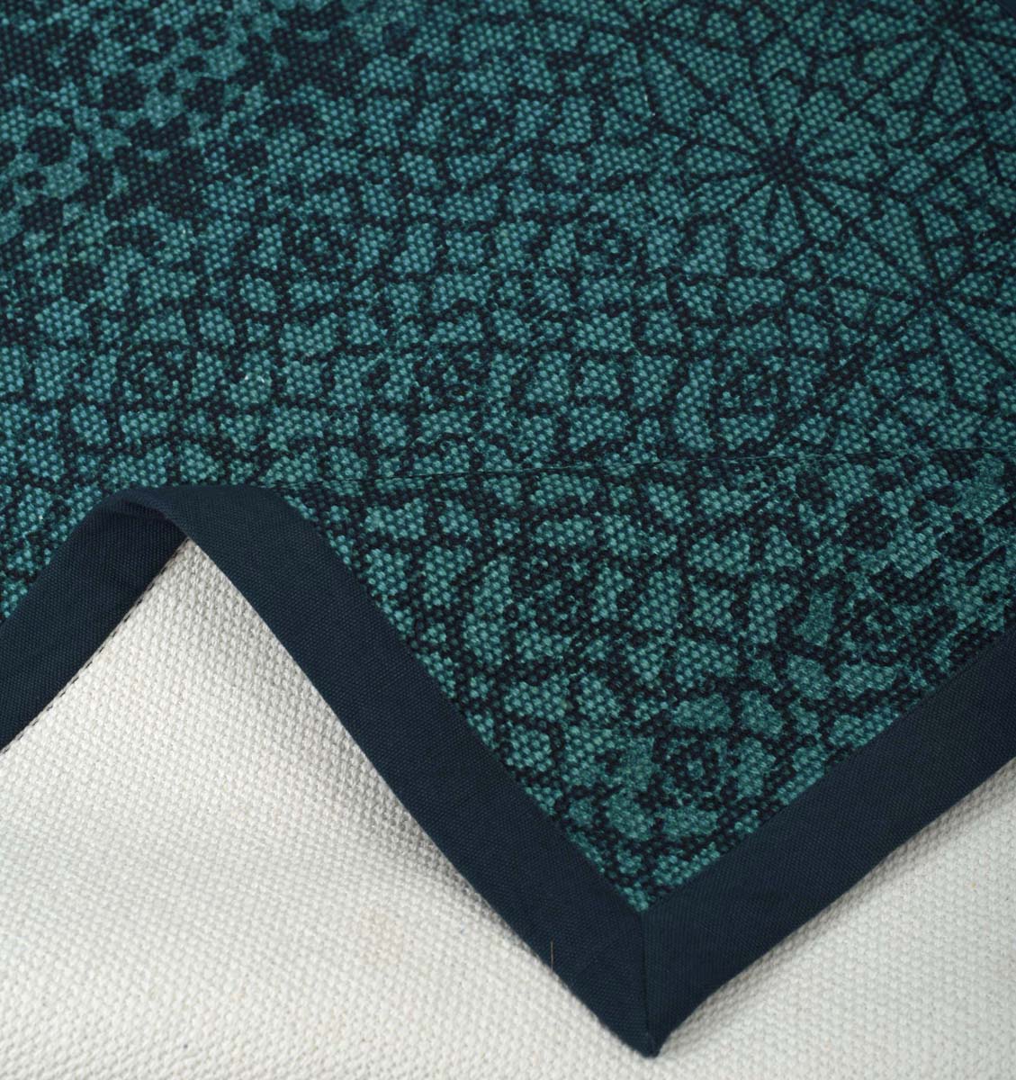 Teal Geometric Trellis Cotton Rug | Distressed Print | Handmade in India