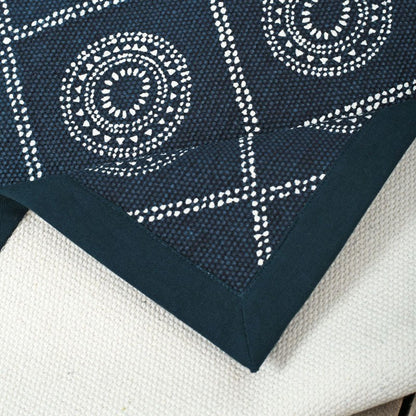 Indigo Hand‑Printed Cotton Rug with Geometric Tribal Pattern