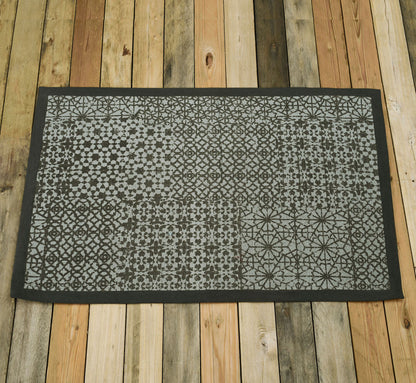 Grey Geometric Trellis Cotton Rug | Distressed Print | Handmade in India