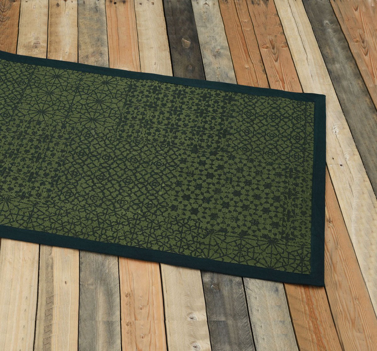 Green Geometric Trellis Cotton Rug | Distressed Print | Handmade in India