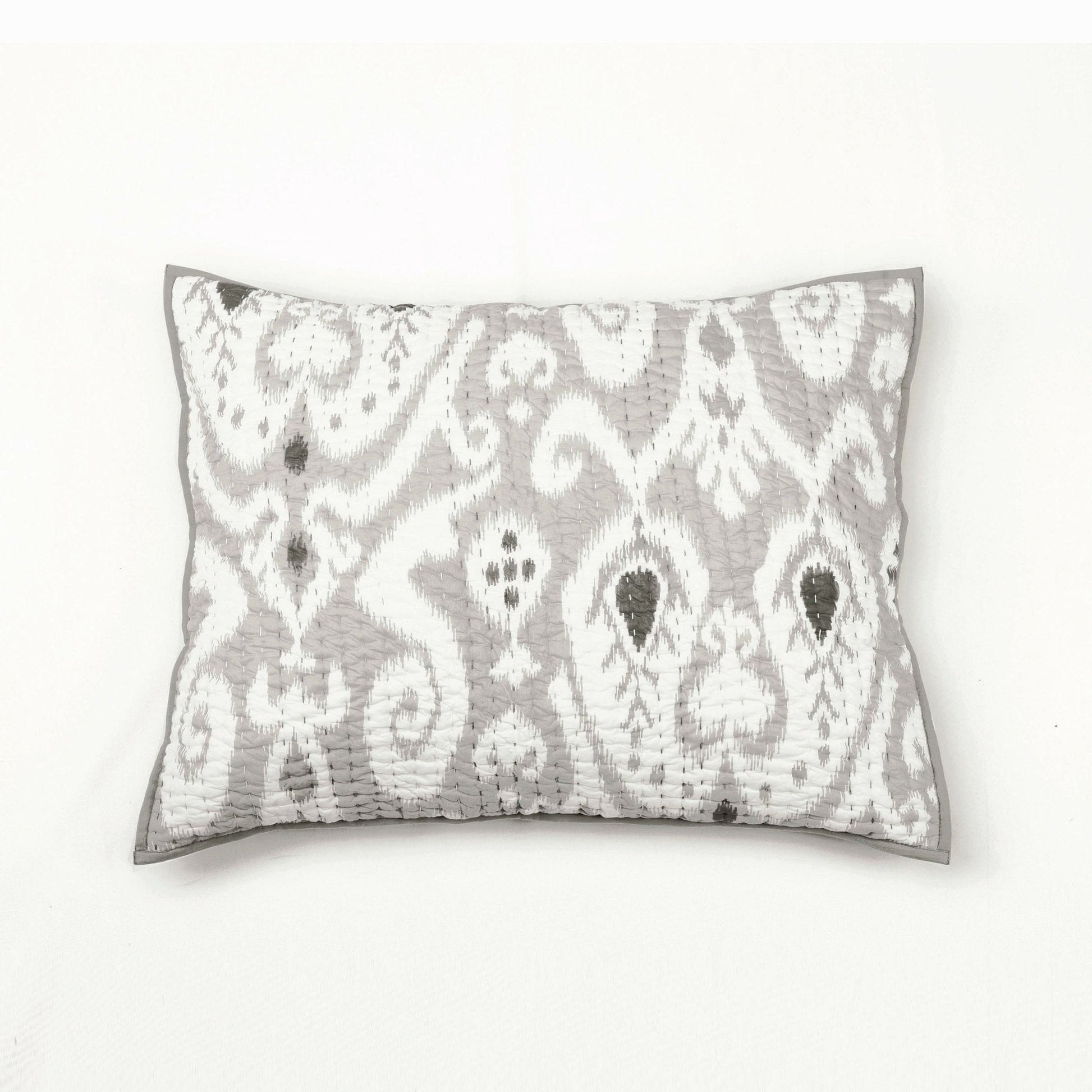 Grey Ikat Print Kantha Quilt Set with Stripe Pattern