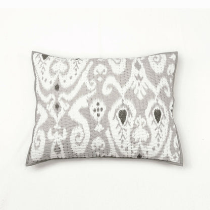 Grey Ikat Print Kantha Quilt Set with Stripe Pattern