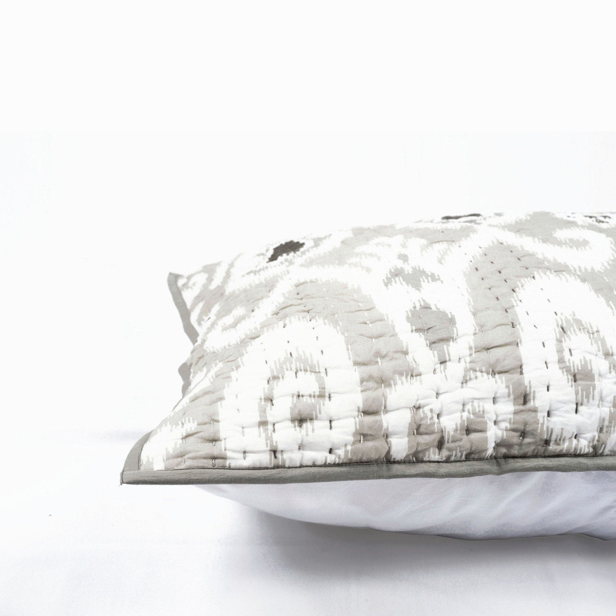 Grey Ikat Print Kantha Quilted Bed Set | Chevron Pattern | Handmade | Twin, Queen & King