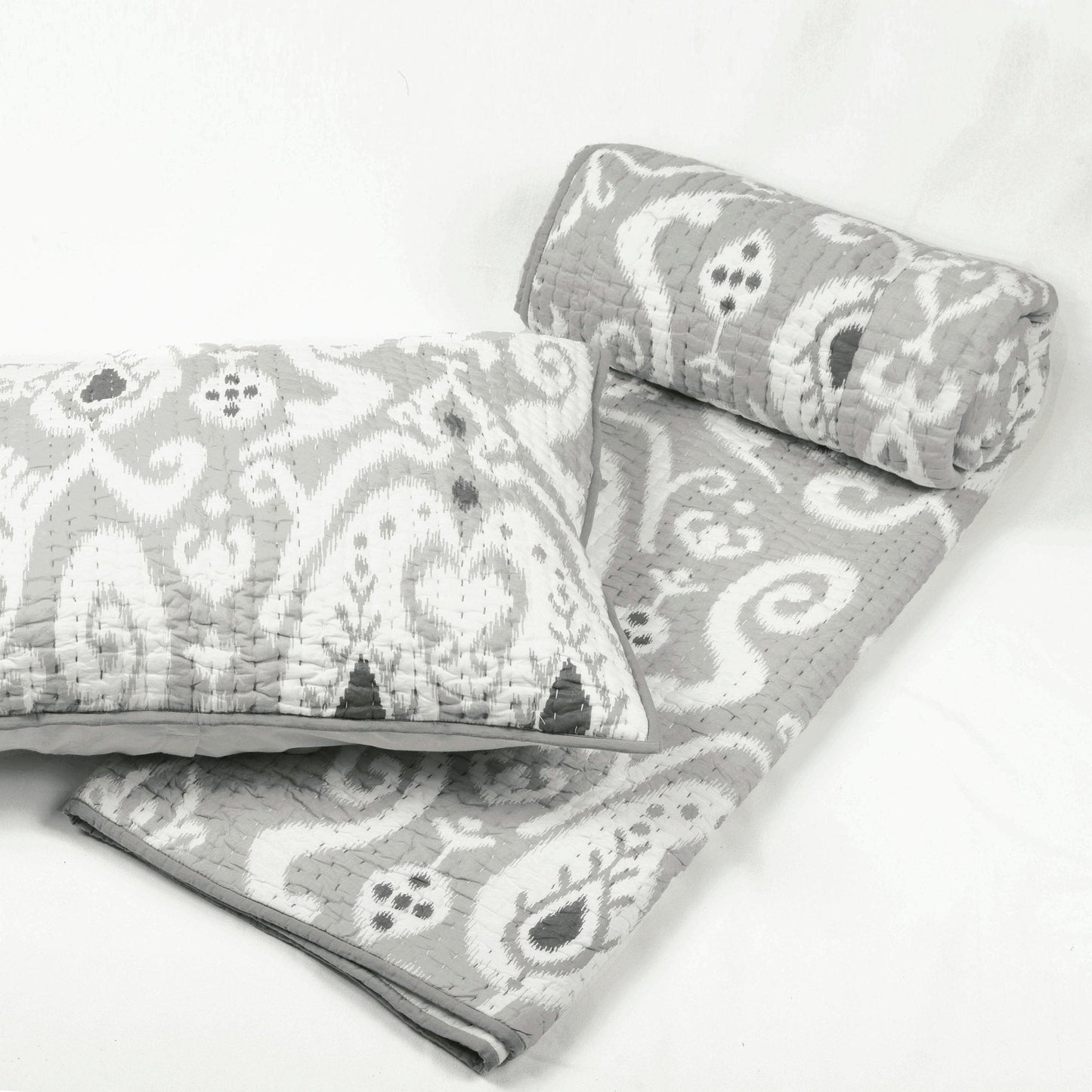 Grey Ikat Print Kantha Quilt Set with Stripe Pattern