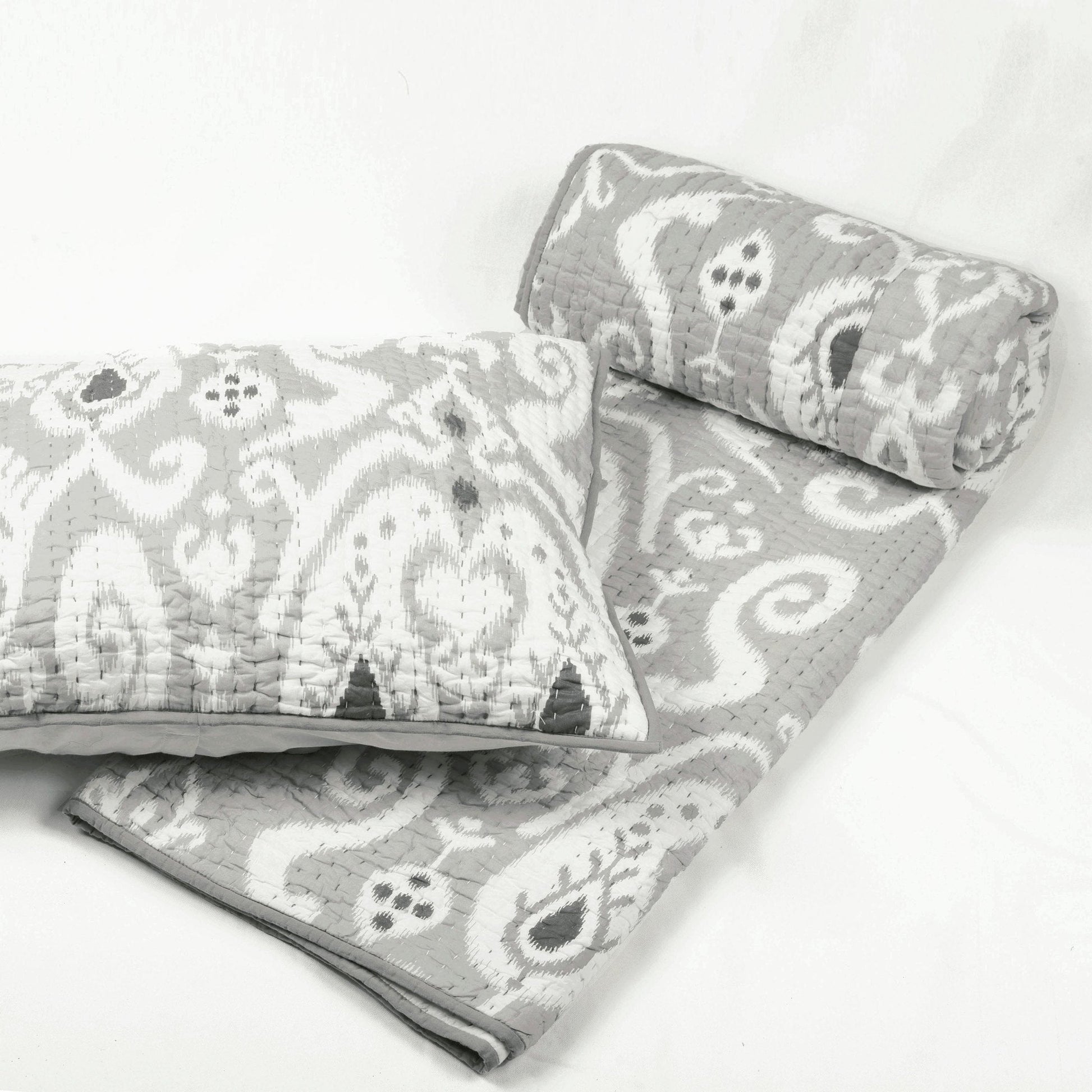Grey Ikat Print Kantha Quilt Set with Stripe Pattern
