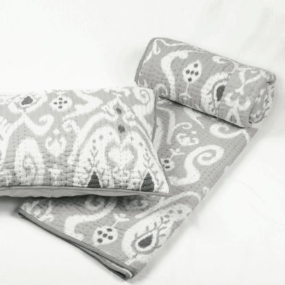 Grey Ikat Print Kantha Quilted Bed Set | Chevron Pattern | Handmade | Twin, Queen & King