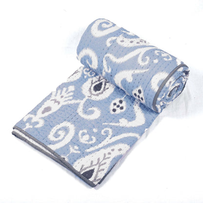 Blue Ikat Print Kantha Quilt | Chevron Pattern | Handmade | Single, Queen & King