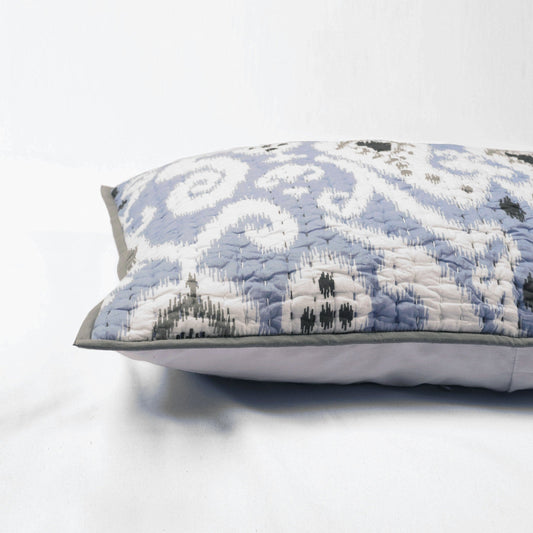 Blue Ikat Kantha Quilted Pillow Sham with Stripe Pattern