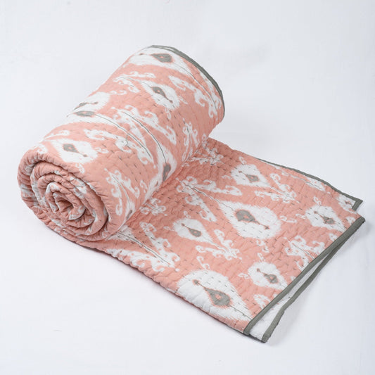 Coral Ikat Kantha Quilt – Chevron Stripe Pattern Twin Queen King