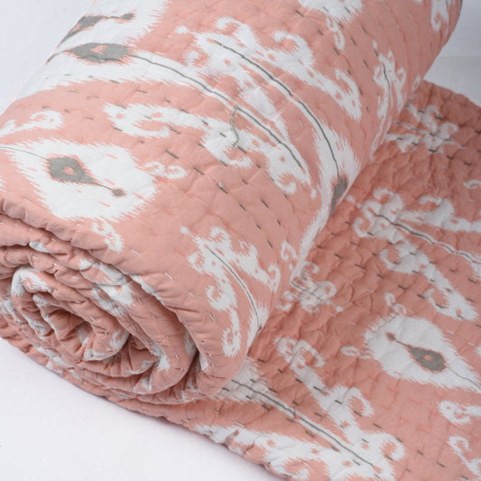 Coral Ikat Kantha Quilt – Chevron Stripe Pattern Twin Queen King