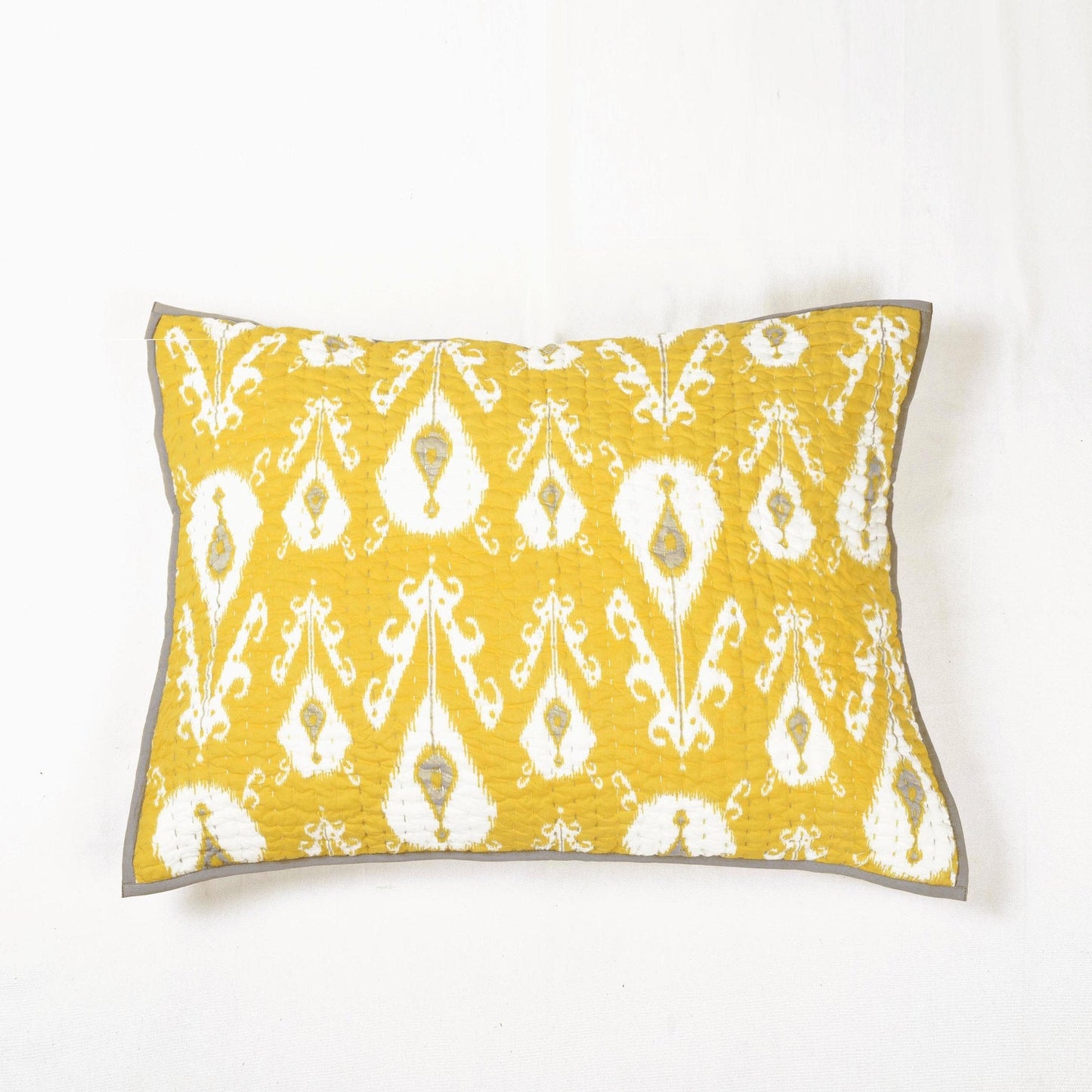 Yellow Ikat Print Kantha Quilted Pillowcase Vibrant Boho Cushion
