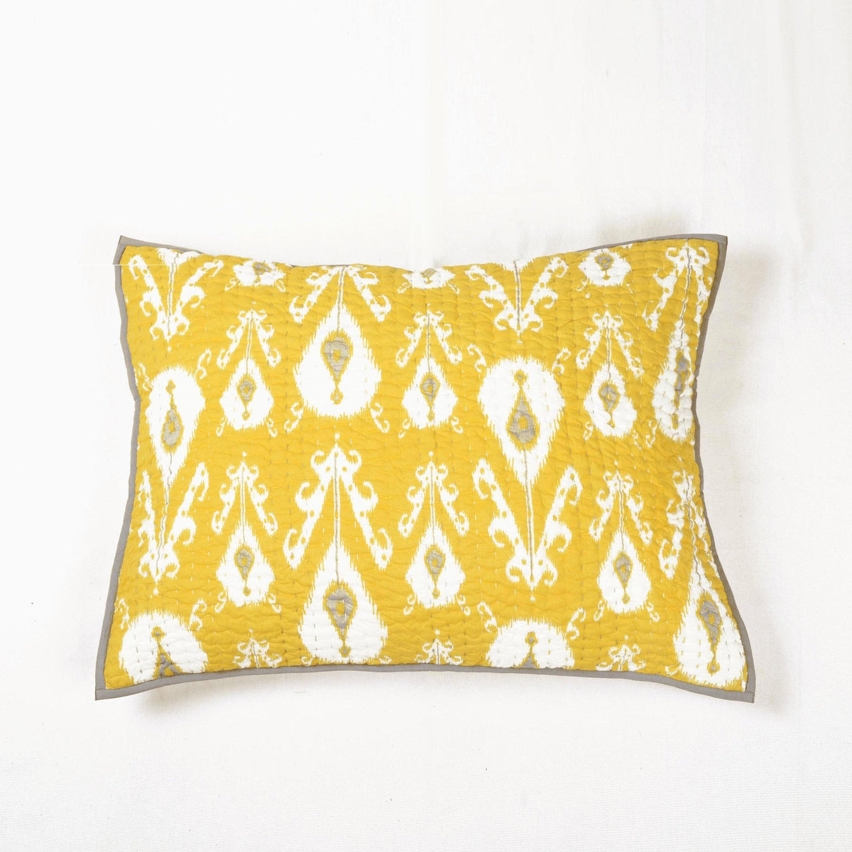 Yellow Ikat Print Kantha Quilt Bed Set | Stripe Pattern Quilting | 100% Cotton | Handmade