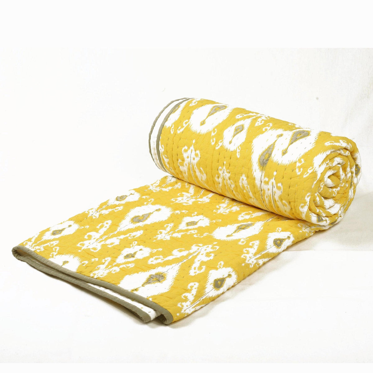 Yellow Ikat Print Kantha Quilt Bed Set | Stripe Pattern Quilting | 100% Cotton | Handmade