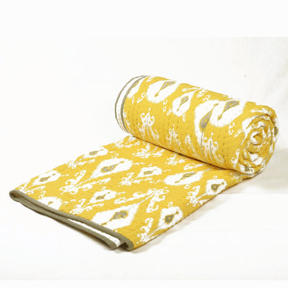 Yellow Ikat Print Kantha Quilt | Stripe Pattern Quilting | Twin, Queen & King Sizes