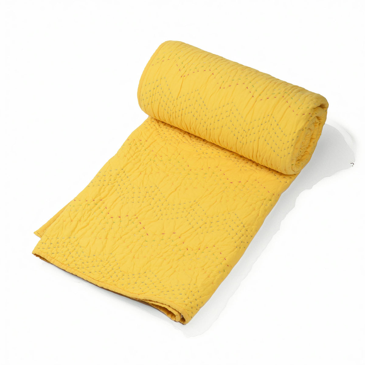 Yellow Kantha Quilt Bed Set | Chevron Pattern Quilting | 100% Cotton | Handmade