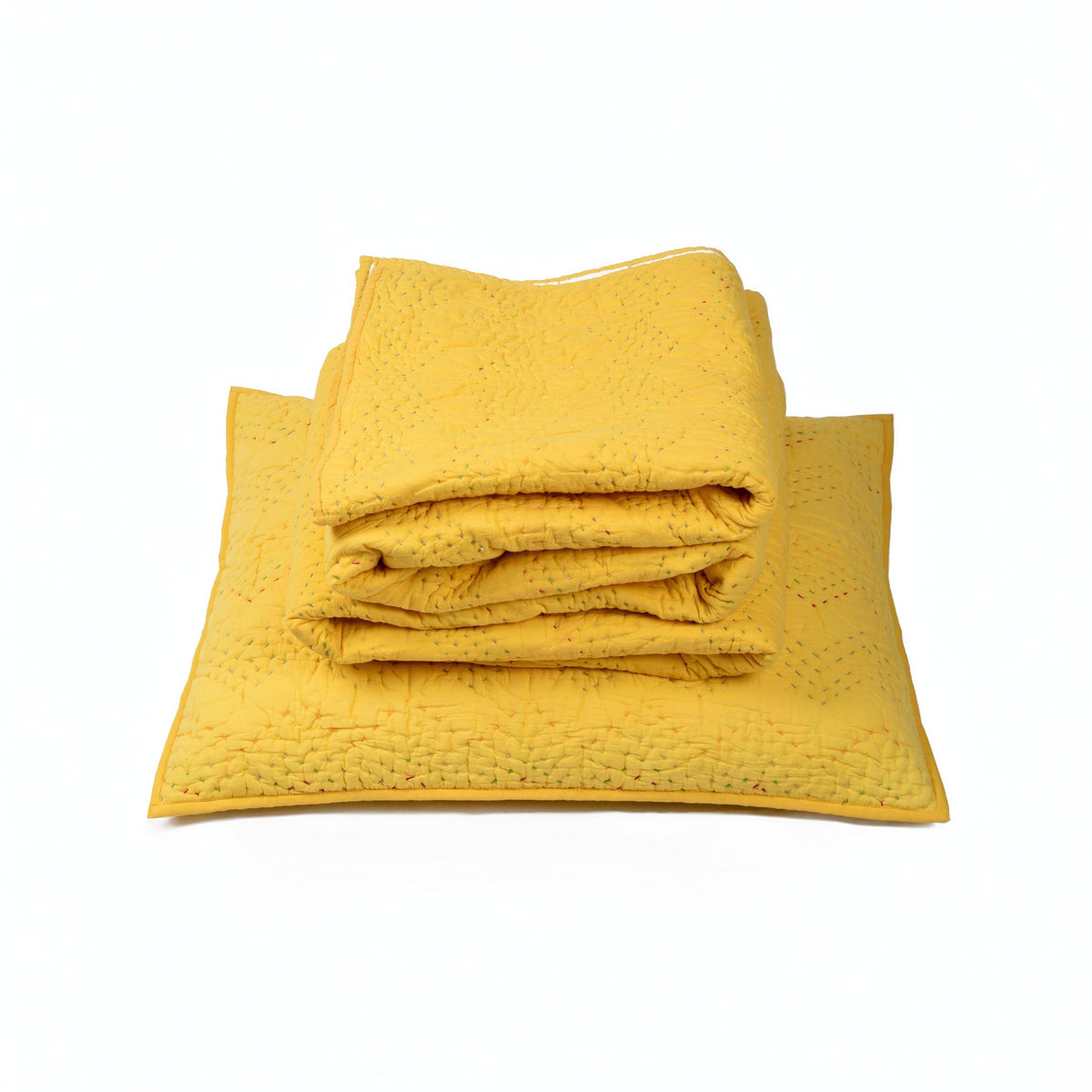Yellow Kantha Quilt Bed Set | Chevron Pattern Quilting | 100% Cotton | Handmade