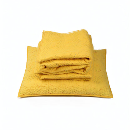 Yellow Kantha Quilt Bed Set | Chevron Pattern Quilting | 100% Cotton | Handmade