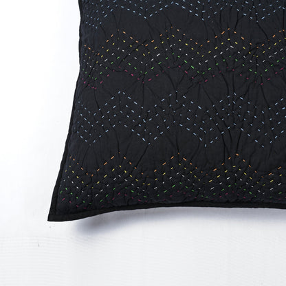 Elegant Black Kantha Quilted Bed Set with Chevron Pattern