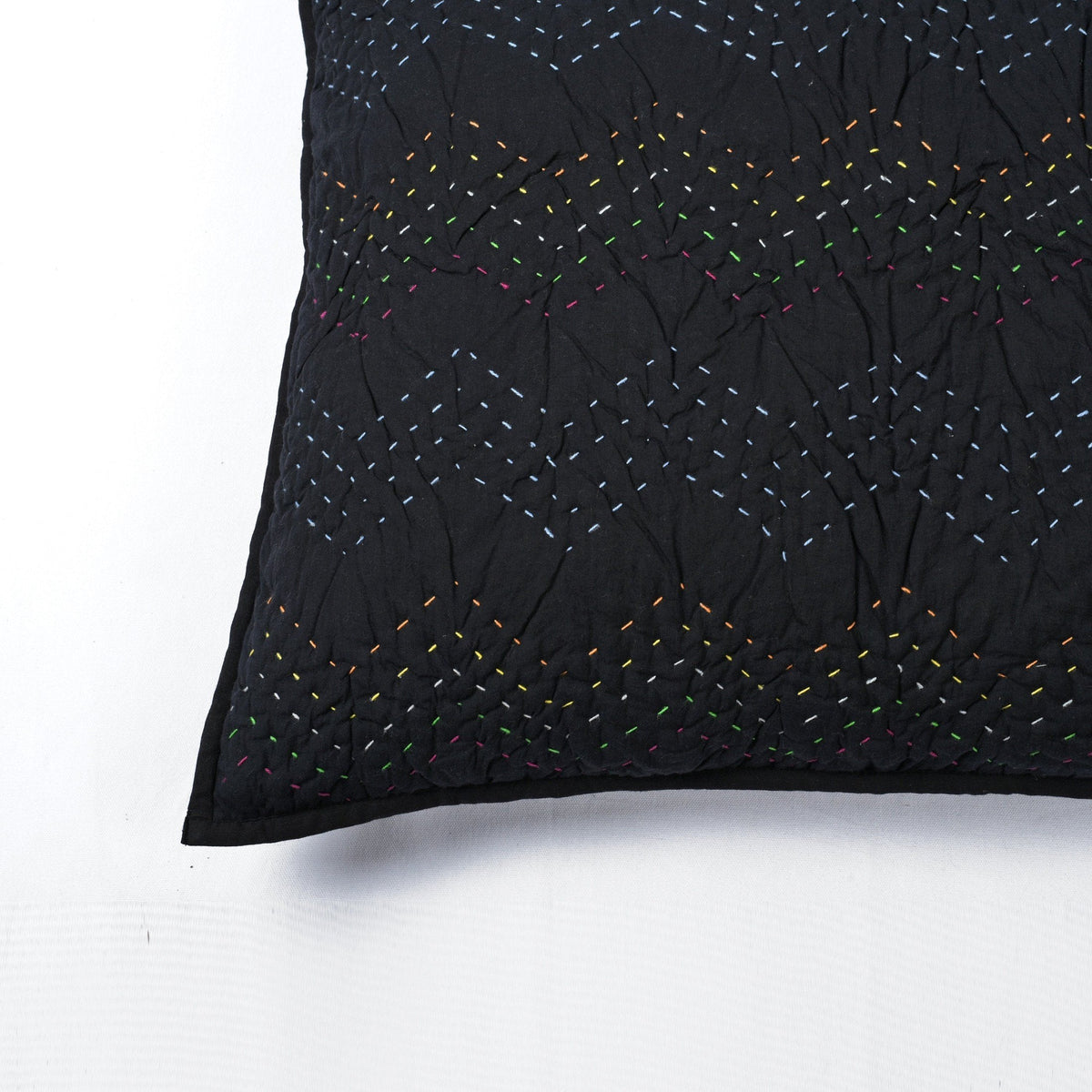 Black Kantha Quilt Bed Set – Multicolour Running Stitch | 100% Cotton | Twin, Queen & King
