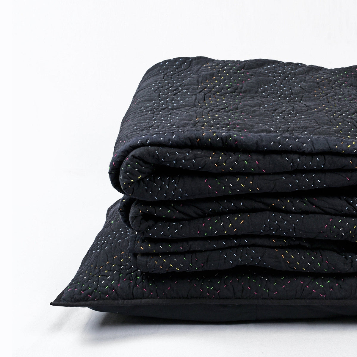Black Kantha Quilt Bed Set – Multicolour Running Stitch | 100% Cotton | Twin, Queen & King
