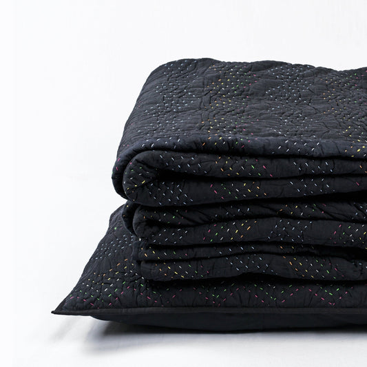 Black Kantha Quilt Bed Set – Multicolour Running Stitch | 100% Cotton | Twin, Queen & King
