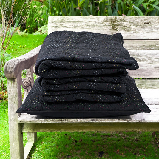 Elegant Black Kantha Quilted Bed Set with Chevron Pattern